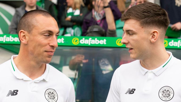 19/05/19 LADBROKES PREMIERSHIP.CELTIC v HEARTS .CELTIC PARK - GLASGOW .Celtic captain Scott Brown and Kieran Tierney 