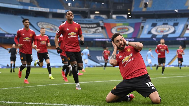 Bruno Fernandes celebrates his well-taken second-minute penalty