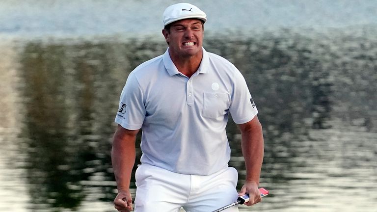 Bryson DeChambeau celebrates after sinking a putt to win the Arnold Palmer Invitational golf tournament Sunday, March 7, 2021, in Orlando, Fla. (AP Photo/John Raoux)