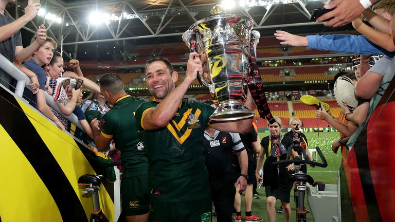 Cameron Smith of the Kangaroos holds aloft the Rugby League World Cup Trophy after winning the 2017 Rugby League World Cup Final between the Australian Kangaroos and England at Suncorp Stadium on December 2, 2017 in Brisbane, Australia. (Photo by Matt King/Getty Images)