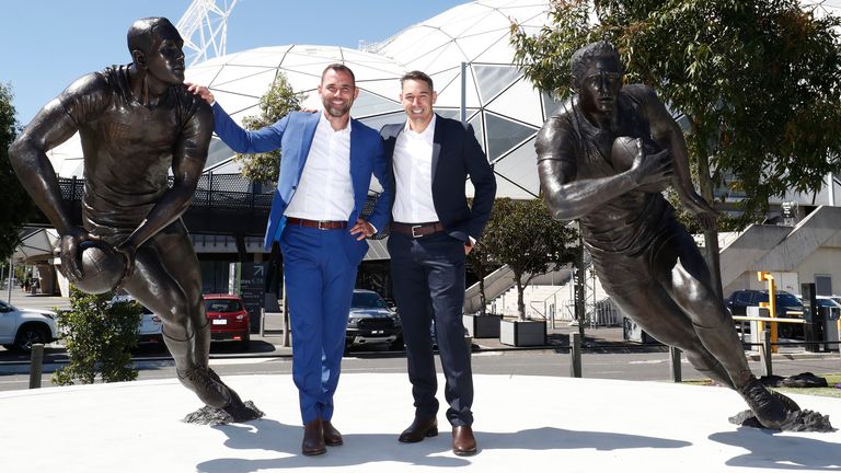 Melbourne Storm and NRL legends Cameron Smith and Billy Slater poses for a photo with their statues outs AAMI Park on March 10, 2021 in Melbourne, Australia. (Photo by Darrian Traynor/Getty Images)