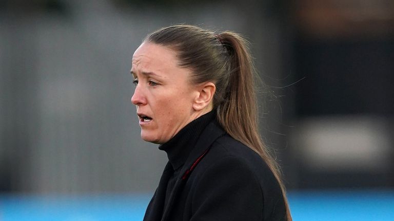 Manchester United head coach Casey Stoney before the FA Women&#39;s Super League match at Meadow Park, Borehamwood. Picture date: Friday March 19, 2021.