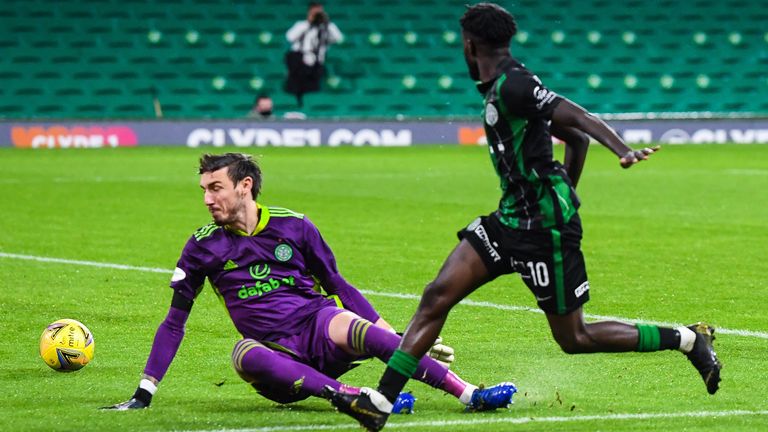 GLASGOW, SCOTLAND - AUGUST 26: Ferencvaros' Tokmac Chol Nguen (R) makes it 2-1 during the Champions League Second Round qualifying match between Celtic and Ferencvaros at Celtic Park on August 26, 2020, in Glasgow, Scotland. (Photo by Ross MacDonald / SNS Group)