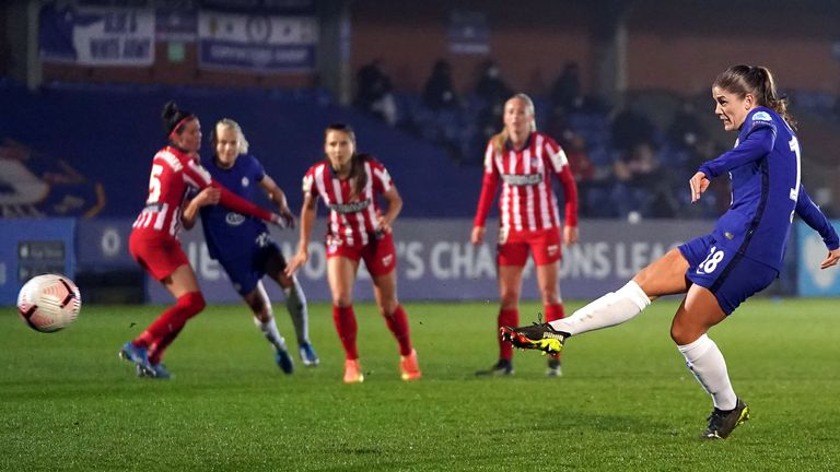 Maren Mjelde tucks in her penalty during Chelsea's win over Atletico Madrid