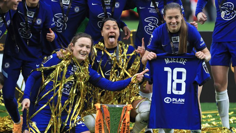 Chelsea&#39;s Erin Cuthbert, Sam Kerr and Fran Kirby celebrate after winning the FA Women&#39;s League Cup final