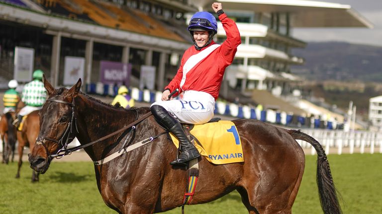 Rachael Blackmore celebrates after winning the Ryanair Chase on Allaho