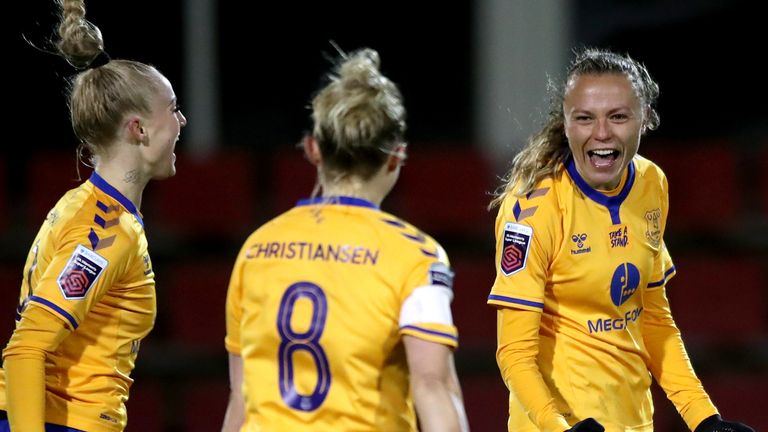 Everton's Claire Emslie (right) celebrates scoring their side's third goal