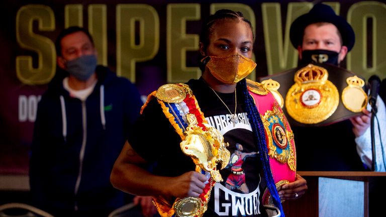 Claressa Shields (10-0-0, 2 KOs), pictured, will be fighting Marie Eve Dicaire (17-0-0, 0 KOs) for the women..s undisputed super welterweight world championship on March 5 at Dort Financial Center in Flint, pictured here facing off at a press conference on Wednesday, March 3, 2021. (Jake May | MLive.com) Jake May | MLive.com