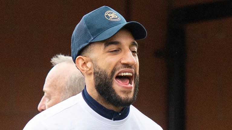 Connor Goldson celebrates Rangers historic 55th title win at the club's training ground