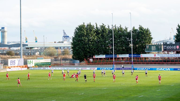 Picture by Allan McKenzie/SWpix.com - 14/03/2021 - Rugby League - Adam Milner Testimonial - Hull KR v Castleford Tigers - Hull College Craven Park, Hull, England - A general view (GV) of Hull KR playing Castleford behind closed doors at Hull College Craven Park.