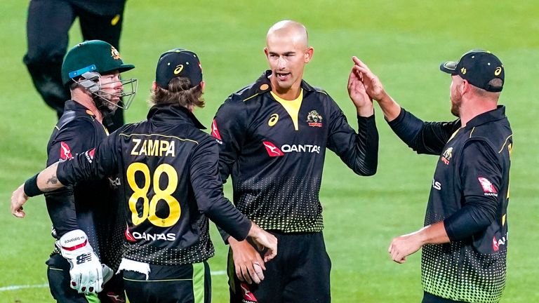 Australia's Ashton Agar celebrates a wicket in the third T20I against New Zealand