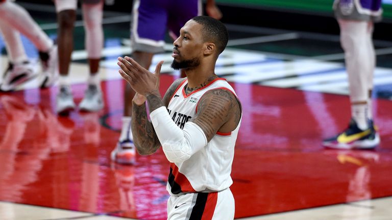Portland Trail Blazers guard Damian Lillard reacts after hitting a shot late in fourth quarter against the Sacramento Kings