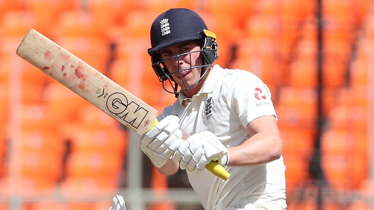 Dan Lawrence sweeps on day one of the fourth Test in Ahmedabad