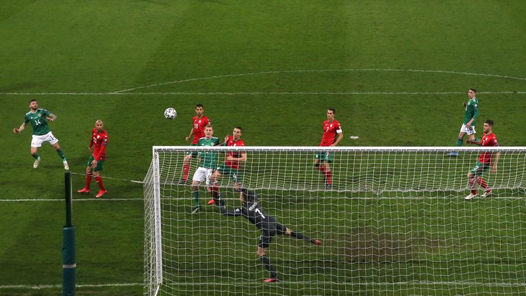 Daniel Naumov is beaten by Dallas' header but is saved by the crossbar