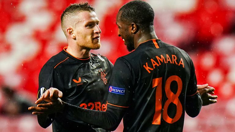 LISBON, PORTUGAL - NOVEMBER 05 : Glen Kamara celebrates with Steven Davis  after scoring to make it 2-1 during the UEFA Europa League match between Benfica and Rangers at the Estadio Sport Lisboa e Benfica, on November 05, 2020, in Lisbon, Portugal                                (Photo by Gualter Fatia / SNS Group)