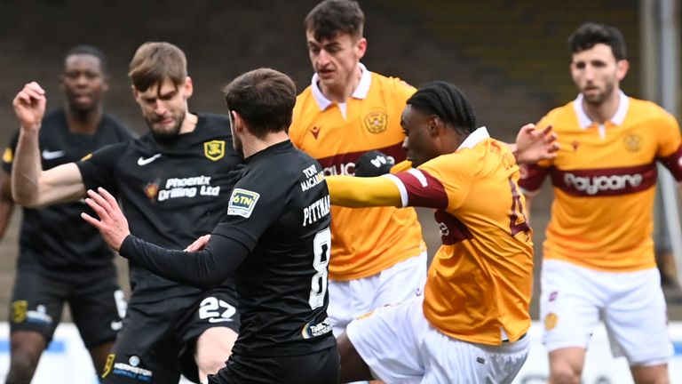 MOTHERWELL, SCOTLAND - MARCH 06: Motherwell's Devante Cole makes it 2-0 during a Scottish Premiership match between Motherwell and Livingston at Fir Park, on March 06, 2021, in Motherwell, Scotland. (Photo by Rob Casey / SNS Group)