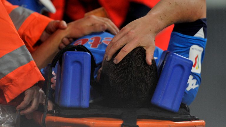 Diego Demme player of Napoli, is rescued by doctors after an injury, during the semifinal match of the Italian Cup between Napoli vs Atalanta final result 0-0, match played at the Diego Armando Maradona stadium. Getty