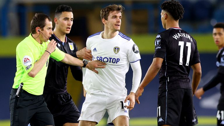 Diego Llorente confronts Ollie Watkins during the recent defeat to Aston Villa