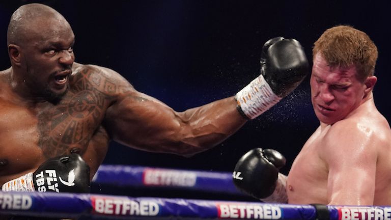*** FREE FOR EDITORIAL USE ***.Alexander Povetkin v Dillian Whyte, Interim WBC Heavyweight World Title..27 March 2021.Picture By Dave Thompson Matchroom Boxing.Dillian Whyte knock out punch ending the contest. 