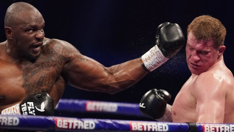 *** FREE FOR EDITORIAL USE ***.Alexander Povetkin v Dillian Whyte,  Interim WBC Heavyweight World Title..27 March 2021.Picture By Dave Thompson Matchroom Boxing.Dillian Whyte knock out punch ending the contest. 