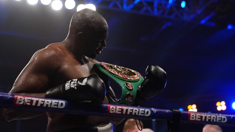 *** FREE FOR EDITORIAL USE ***.Alexander Povetkin v Dillian Whyte,  Interim WBC Heavyweight World Title..27 March 2021.Picture By Dave Thompson Matchroom Boxing.Dillian Whyte celebrates his win. 