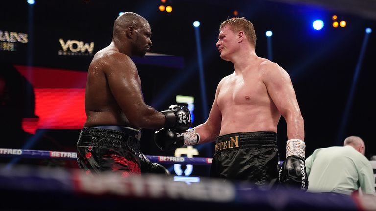 *** FREE FOR EDITORIAL USE ***.Alexander Povetkin v Dillian Whyte,  Interim WBC Heavyweight World Title..27 March 2021.Picture By Dave Thompson Matchroom Boxing.Dillian Whyte consoles his opponent. 