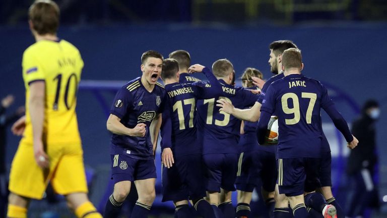 Dinamo Zagreb players celebrate Mislav Orsic's second goal