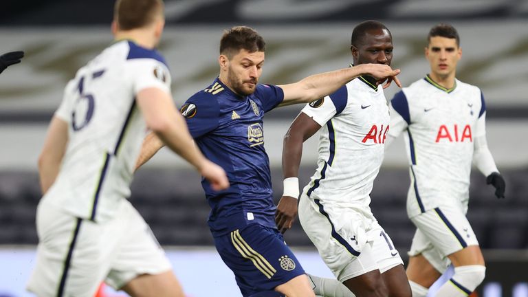 Bruno Petkovic takes an early shot against Tottenham