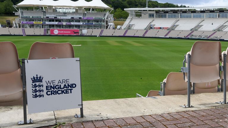 Social distancing signage displayed during an ECB Media Day at The Ageas Bowl on June 19, 2020 in Southampton, England. (Photo by Pool/Getty Images for ECB)