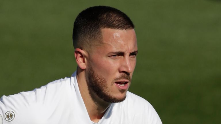 Real Madrid's Eden Hazard in action during the Spanish La Liga soccer match between Real Madrid and Huesca at Alfredo di Stefano stadium in Madrid, Spain, Saturday, Oct. 31, 2020. (AP Photo/Manu Fernandez)