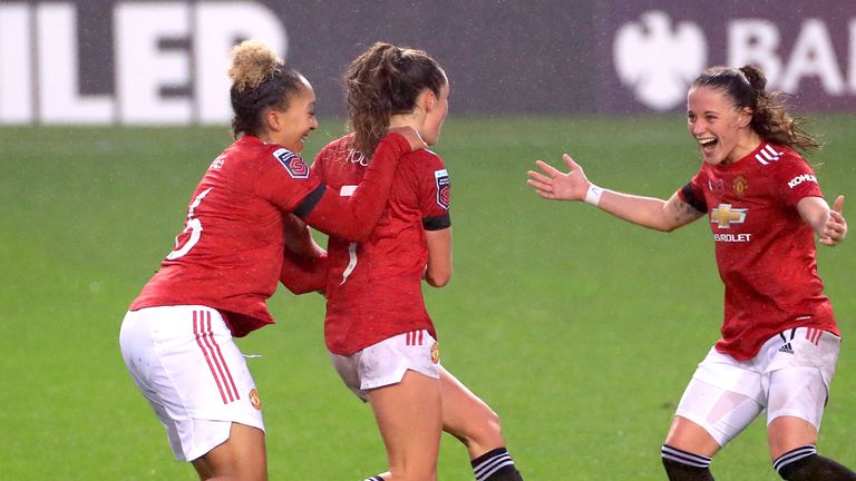 Ella Toone (centre) celebrates scoring Manchester United's winner against Arsenal in November