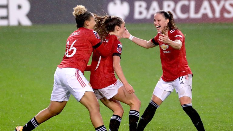 PA - Ella Toone (centre) celebrates scoring for Manchester United against Arsenal in November