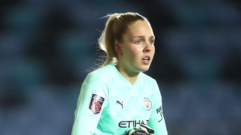 Manchester City goalkeeper Ellie Roebuck during the FA Women&#39;s Super League match at the Academy Stadium, Manchester. Picture date: Friday February 12, 2021.