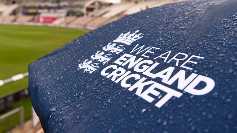 Detailed view of raindrops on an umbrella as rain abandons the days play during Day Four of the 2nd #RaiseTheBat Test Match between England and Pakistan at the Ageas Bowl on August 16, 2020 in Southampton, England. (Photo by Gareth Copley/Getty Images for ECB)