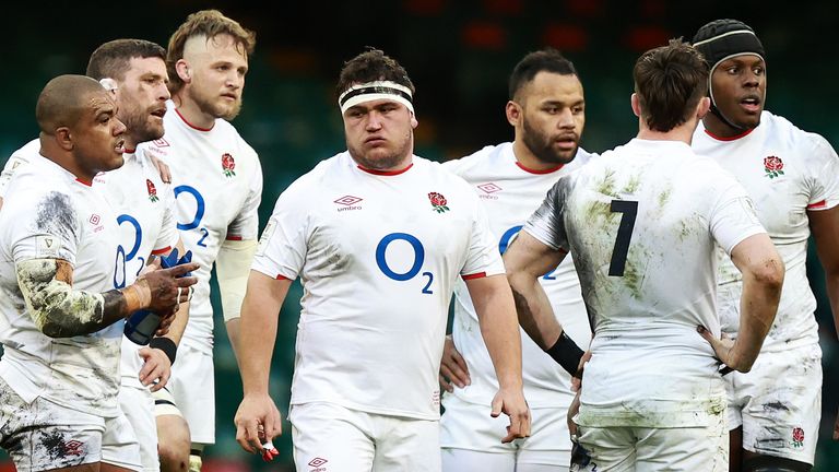  Jamie George (C) of England looks on with team mates during the Guinness Six Nations match between Wales and England at Principality Stadium on February 27, 2021 in Cardiff, Wales. Sporting stadiums around the UK remain under strict restrictions due to the Coronavirus Pandemic as Government social distancing laws prohibit fans inside venues resulting in games being played behind closed doors. (Photo by David Rogers - RFU/The RFU Collection via Getty Images)