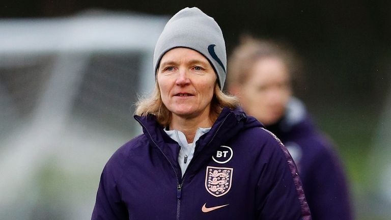 England Women interim head coach Hege Riise looks on during a training session