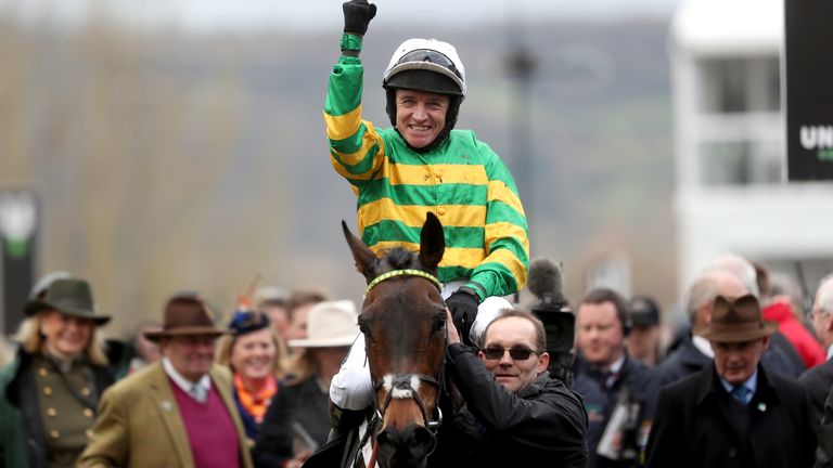 Jockey Barry Geraghty celebrates on top of Epatante after winning the Unibet Champion Hurdle Challenge Trophy at Cheltenham last year.