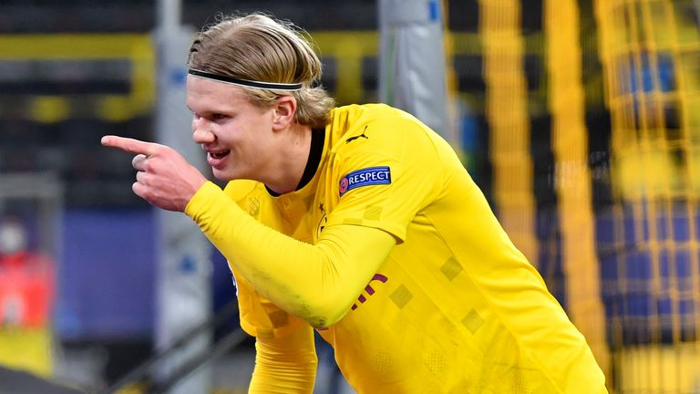 Erling Haaland celebrates scoring for Borussia Dortmund vs Sevilla