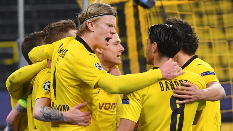 Erling Haaland celebrates scoring for Borussia Dortmund against Sevilla