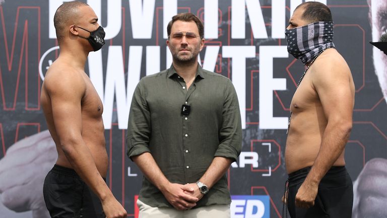 *** FREE FOR EDITORIAL USE ***.Fabio Wardley and Eric Molina Press weigh in ahead of their Heavyweight fight tomorrow night..26 March 2021.Picture By Mark Robinson Matchroom Boxing.
