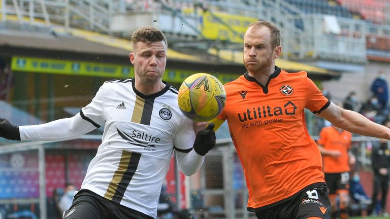 Aberdeen's Florian Kamberi and Dundee United's Mark Reynolds at Tannadice