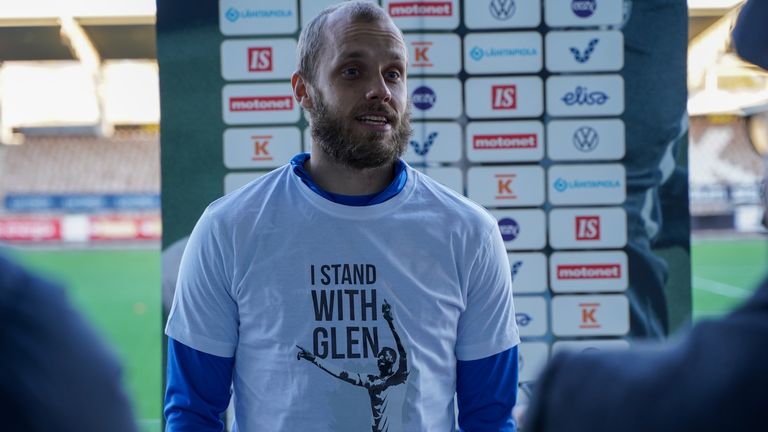 Teemu Pukki and his Finland team mates showed their solidarity for Glen Kamara by wearing tee shirts bearing his name during their media duties on Tuesday (pic credit: SPL/Roope Kuisma)