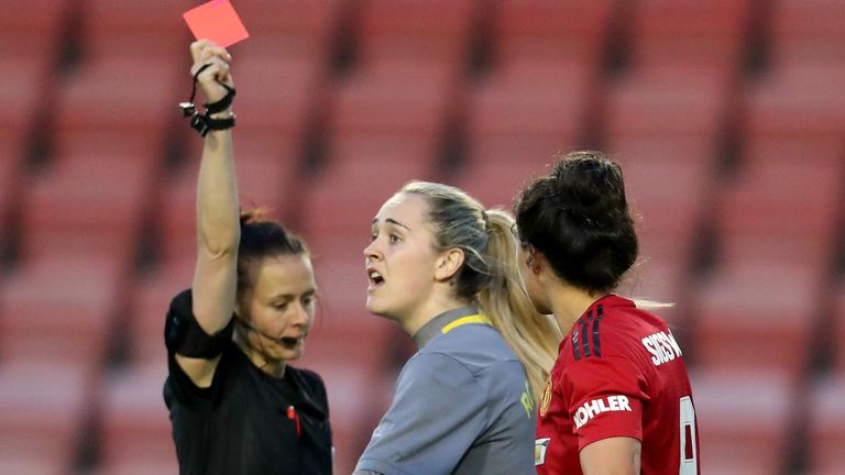 Aston Villa's Sian Rodgers (centre) is shown a red card by referee Rebecca Welch during the FA Women's Championship (17/04/19)