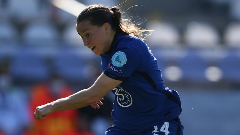 Fran Kirby fires home Chelsea's third goal against Wolfsburg