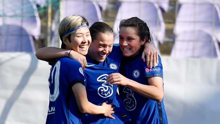 Fran Kirby celebrates after scoring Chelsea's third goal against Wolfsburg