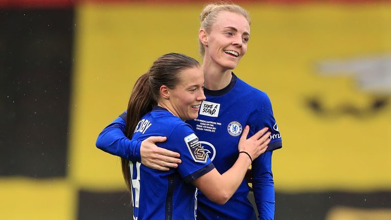 Fran Kirby celebrates with Sophie Ingle after scoring Chelsea's fourth goal