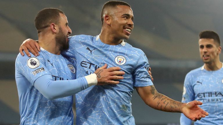 Gabriel Jesus celebrates after putting Man City 2-1 up against Wolves