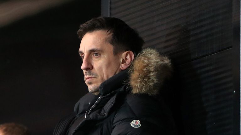 Gary Neville in the stands during the Sky Bet League Two match at the Peninsula Stadium, Salford. Picture date: Friday January 22, 2021.