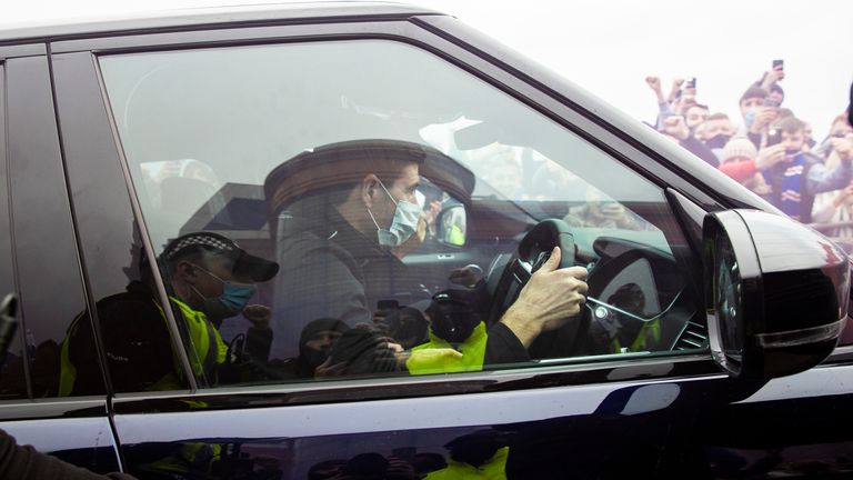 GLASGOW, SCOTLAND - MARCH 06: Rangers fans greet the arrival of manager Steven Gerrard pre match during a Scottish Premiership match between Rangers and St Mirren at Ibrox Stadium, on March 06, 2021, in Glasgow, Scotland. (Photo by Craig Williamson / SNS Group)