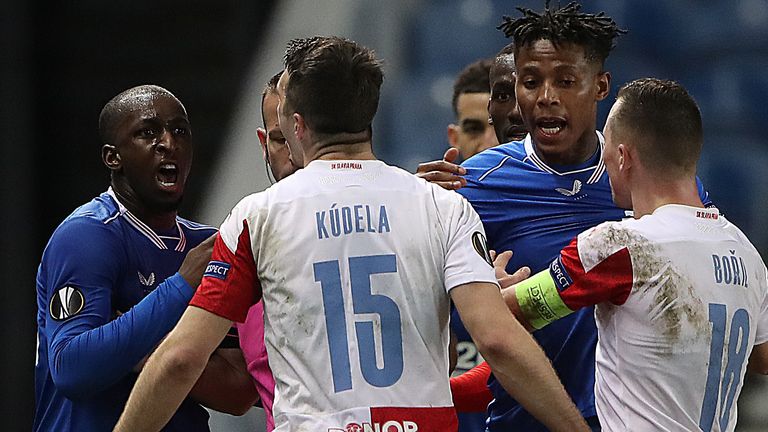 Players from both teams reacted furiously after Ondrej Kudela spoke to Glen Kamara